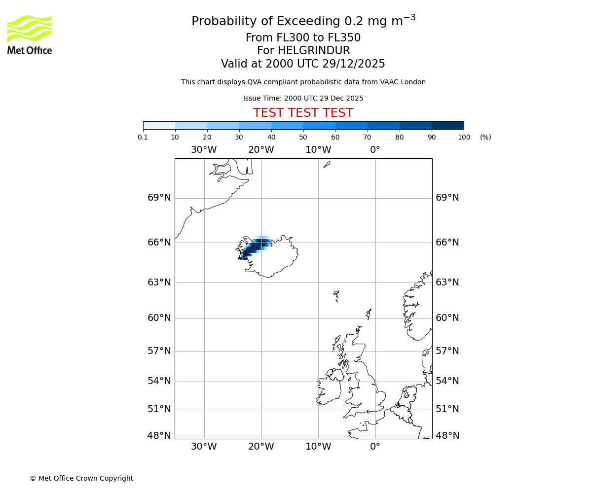 Probability of exceeding 0.2 milligrams per metre cubed. From 300 to 350 for HELGRINDUR. Valid at 2000 UTC 29/12/2025