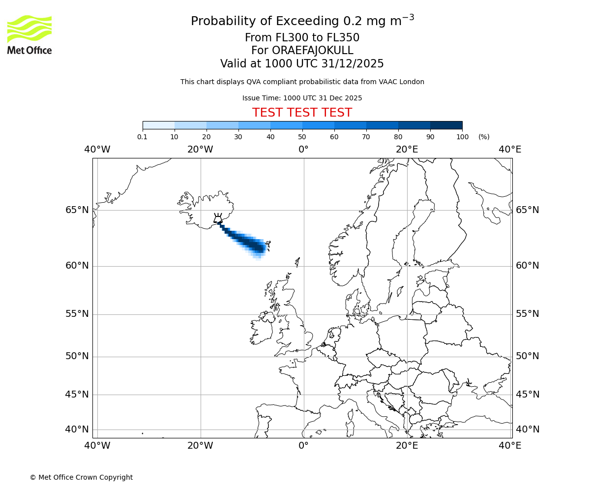 Probability of exceeding 0.2 milligrams per metre cubed. From 300 to 350 for ORAEFAJOKULL. Valid at 1000 UTC 31/12/2025