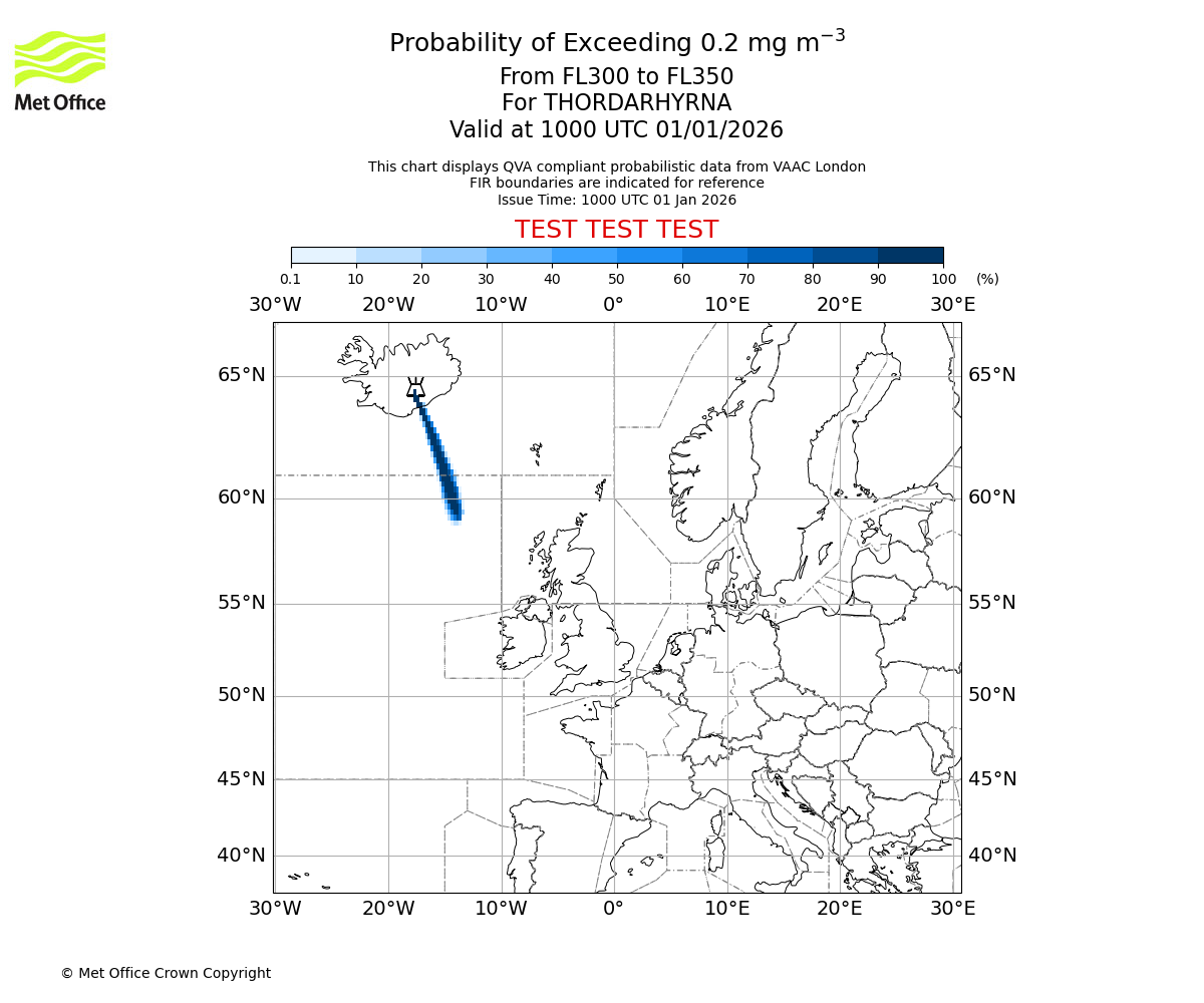 Probability of exceeding 0.2 milligrams per metre cubed. From 300 to 350 for THORDARHYRNA. Valid at 1000 UTC 01/01/2026