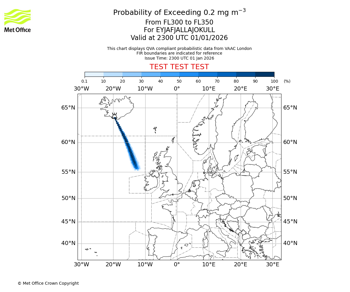 Probability of exceeding 0.2 milligrams per metre cubed. From 300 to 350 for EYJAFJALLAJOKULL. Valid at 2300 UTC 01/01/2026