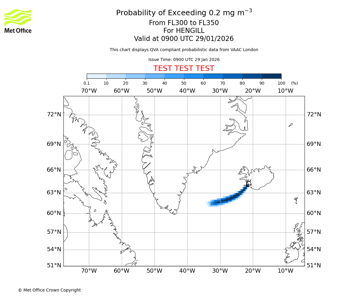 Probability of exceeding 0.2 milligrams per metre cubed. From 300 to 350 for HENGILL. Valid at 0900 UTC 29/01/2026