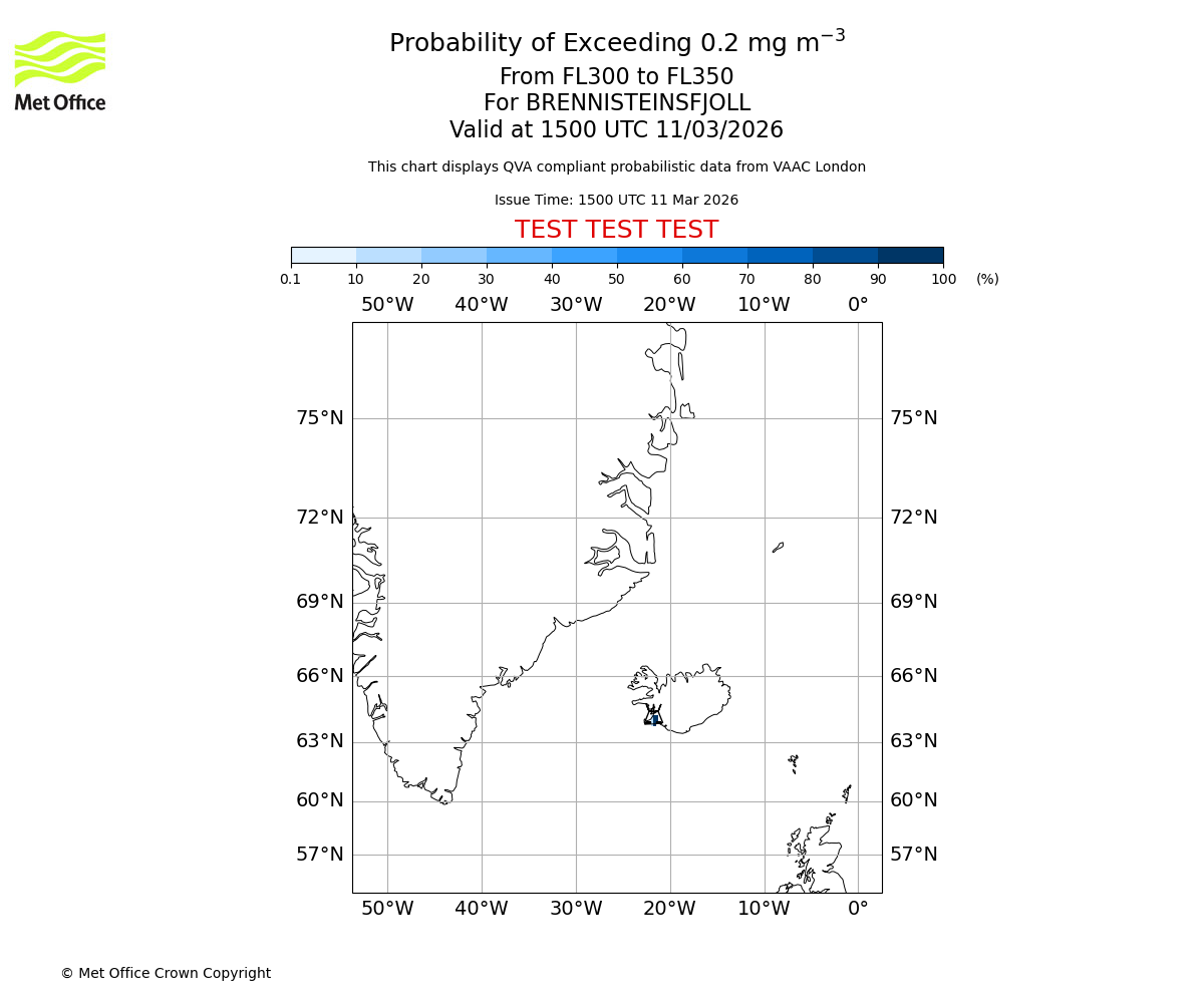 Probability of exceeding 0.2 milligrams per metre cubed. From 300 to 350 for BRENNISTEINSFJOLL. Valid at 1500 UTC 11/03/2026