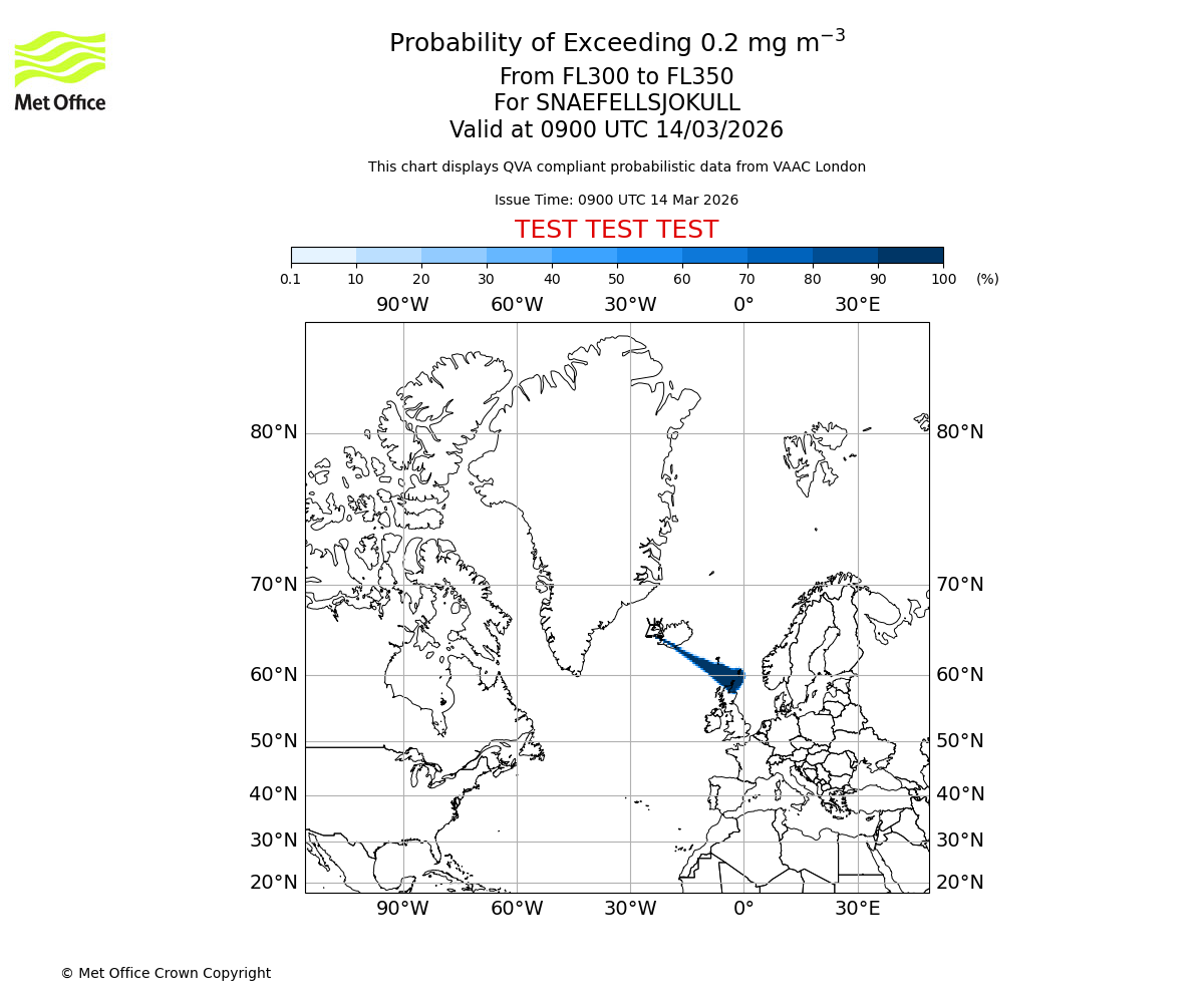 Probability of exceeding 0.2 milligrams per metre cubed. From 300 to 350 for SNAEFELLSJOKULL. Valid at 0900 UTC 14/03/2026