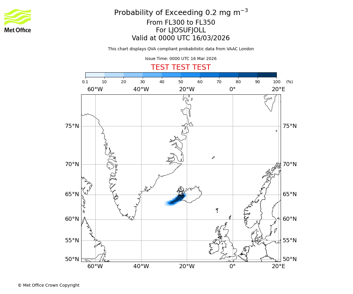 Probability of exceeding 0.2 milligrams per metre cubed. From 300 to 350 for LJOSUFJOLL. Valid at 0000 UTC 16/03/2026