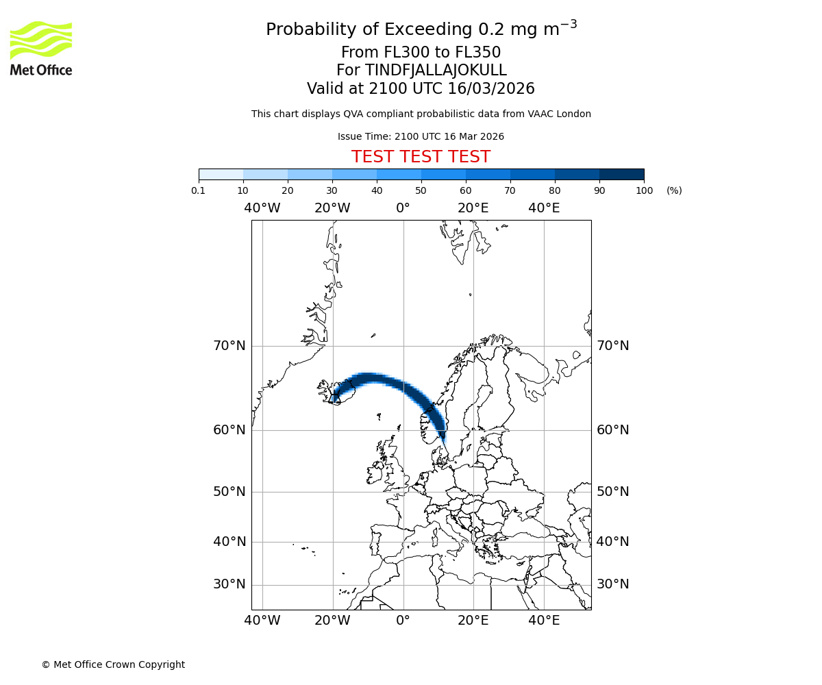 Probability of exceeding 0.2 milligrams per metre cubed. From 300 to 350 for TINDFJALLAJOKULL. Valid at 2100 UTC 16/03/2026