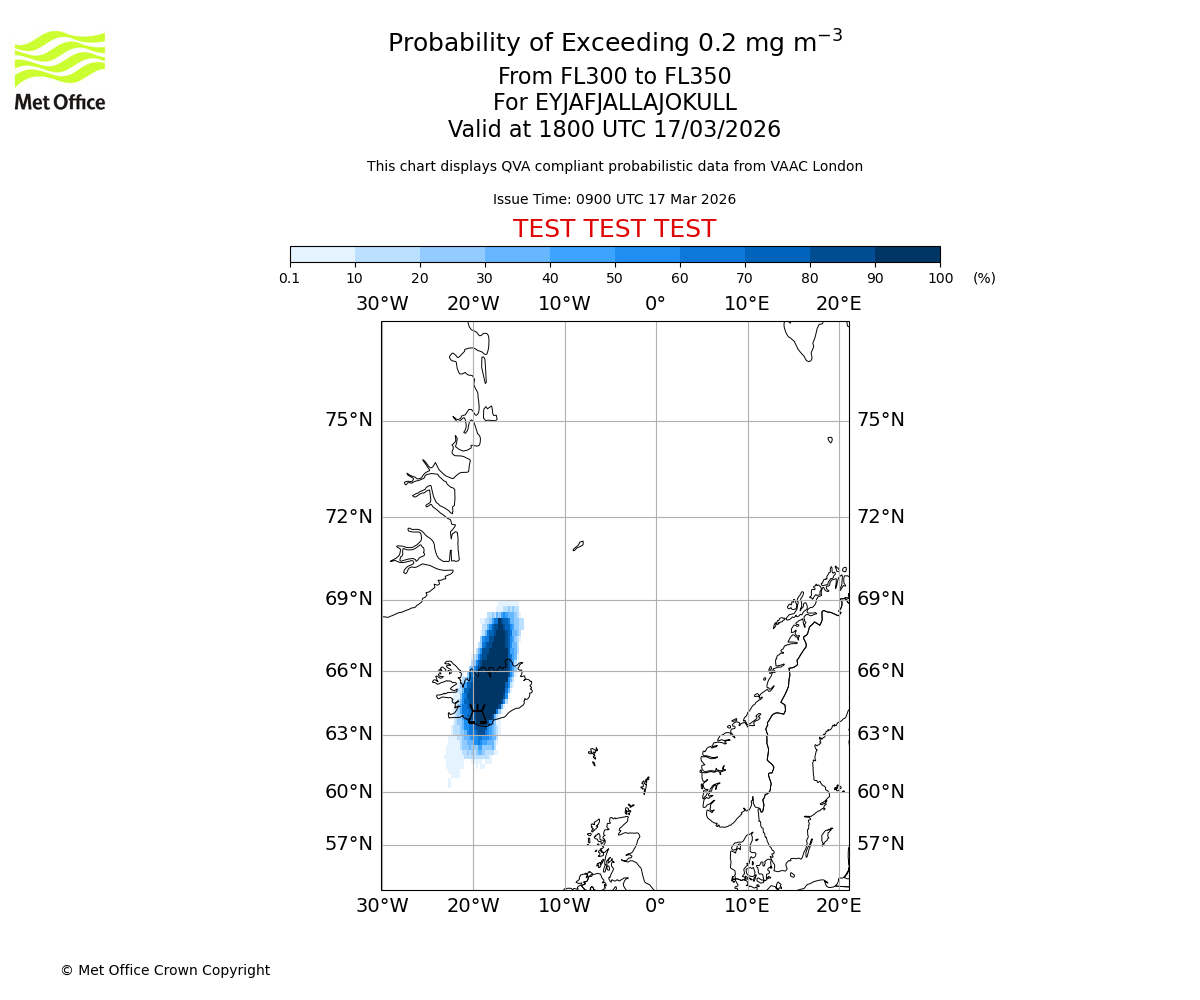 Probability of exceeding 0.2 milligrams per metre cubed. From 300 to 350 for EYJAFJALLAJOKULL. Valid at 1800 UTC 17/03/2026