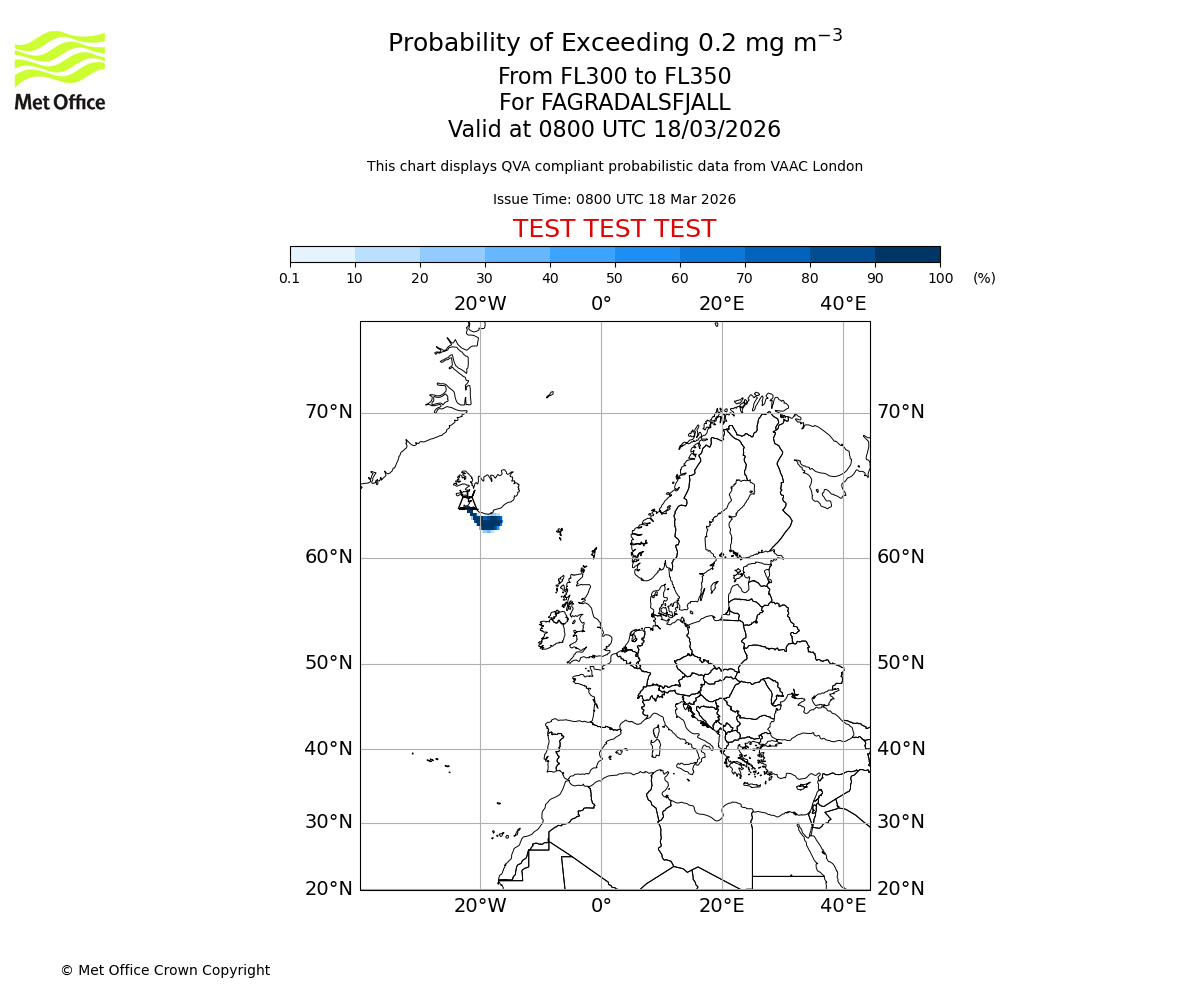 Probability of exceeding 0.2 milligrams per metre cubed. From 300 to 350 for FAGRADALSFJALL. Valid at 0800 UTC 18/03/2026