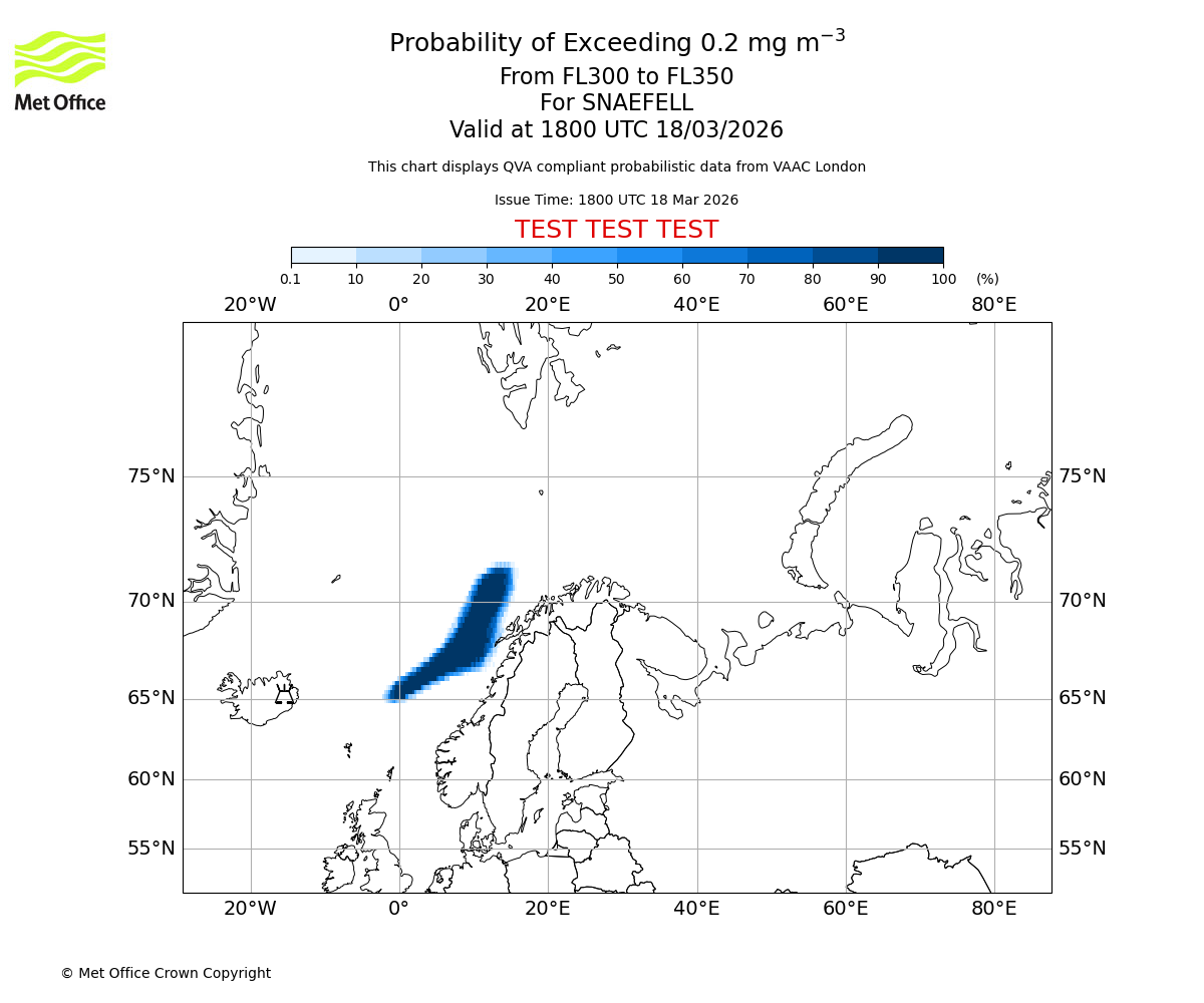 Probability of exceeding 0.2 milligrams per metre cubed. From 300 to 350 for SNAEFELL. Valid at 1800 UTC 18/03/2026