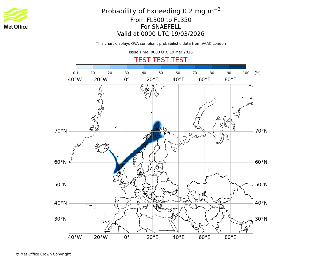 Probability of exceeding 0.2 milligrams per metre cubed. From 300 to 350 for SNAEFELL. Valid at 0000 UTC 19/03/2026