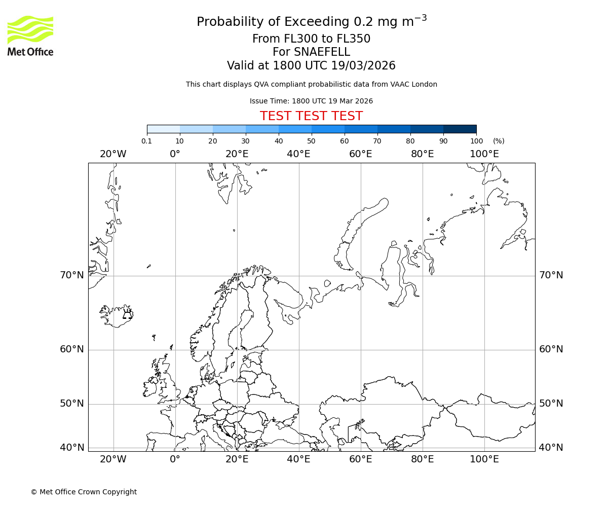 Probability of exceeding 0.2 milligrams per metre cubed. From 300 to 350 for SNAEFELL. Valid at 1800 UTC 19/03/2026