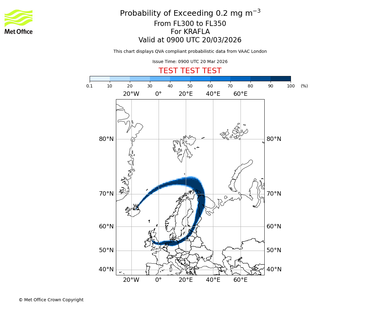 Probability of exceeding 0.2 milligrams per metre cubed. From 300 to 350 for KRAFLA. Valid at 0900 UTC 20/03/2026