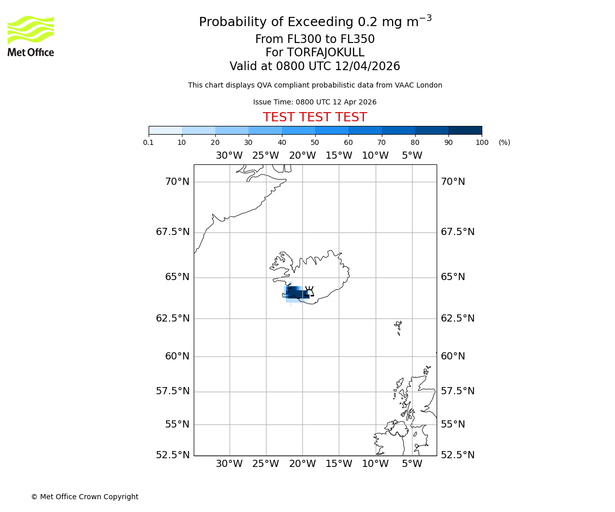 Probability of exceeding 0.2 milligrams per metre cubed. From 300 to 350 for TORFAJOKULL. Valid at 0800 UTC 12/04/2026