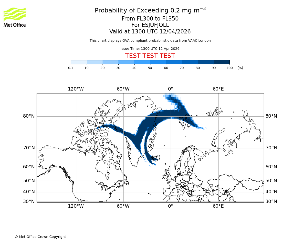 Probability of exceeding 0.2 milligrams per metre cubed. From 300 to 350 for ESJUFJOLL. Valid at 1300 UTC 12/04/2026