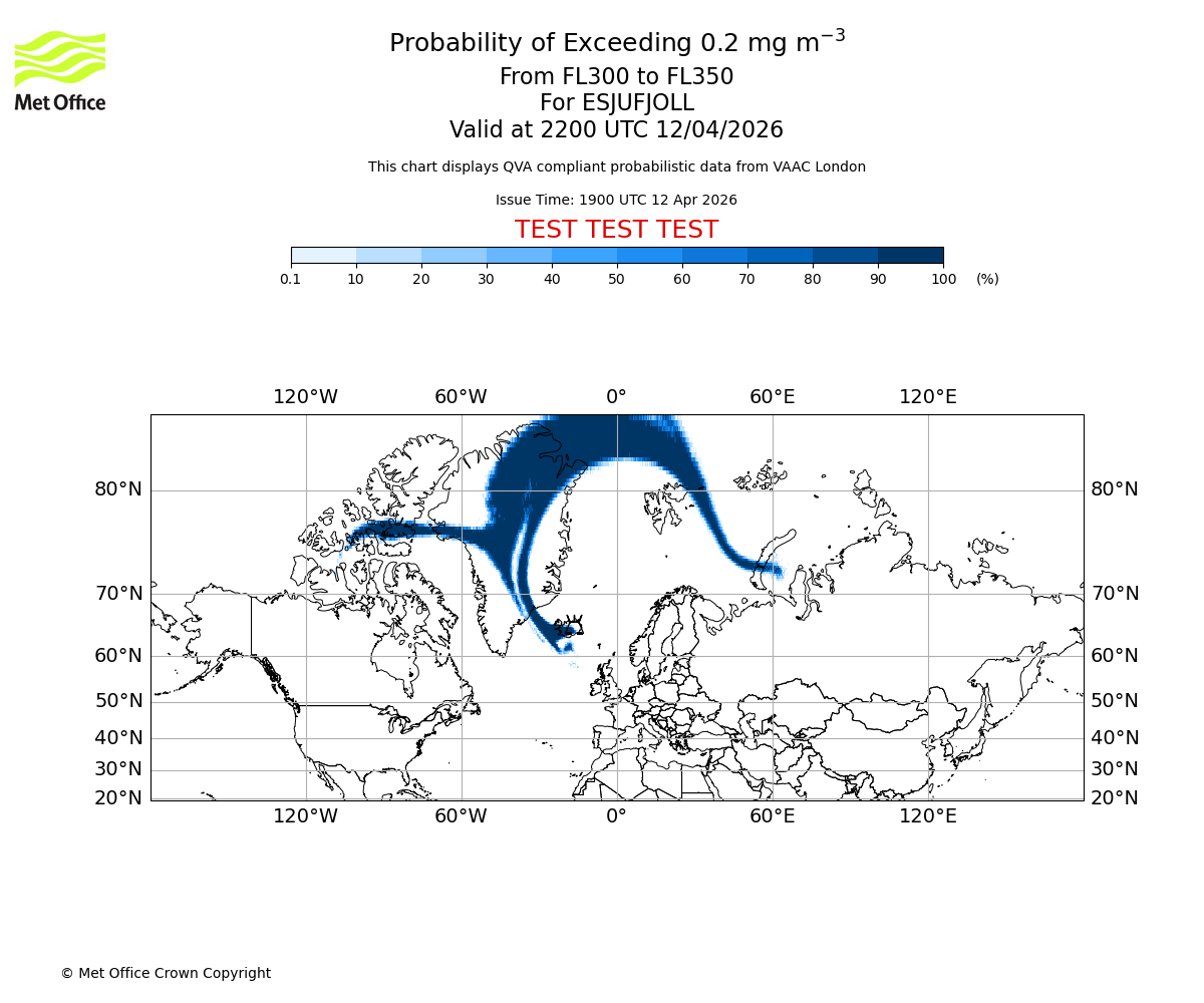 Probability of exceeding 0.2 milligrams per metre cubed. From 300 to 350 for ESJUFJOLL. Valid at 2200 UTC 12/04/2026