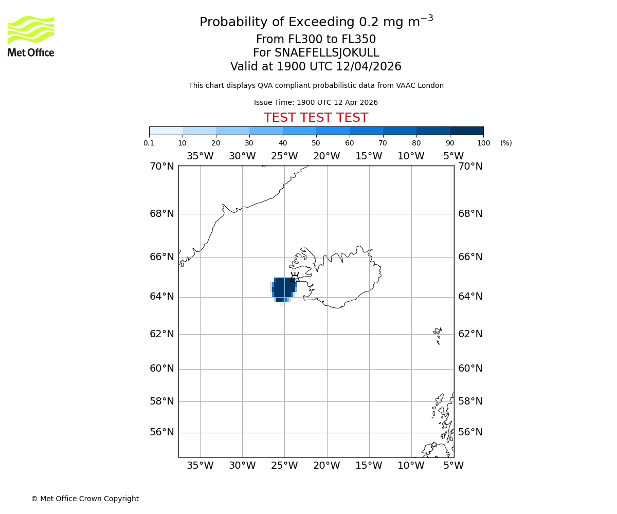 Probability of exceeding 0.2 milligrams per metre cubed. From 300 to 350 for SNAEFELLSJOKULL. Valid at 1900 UTC 12/04/2026