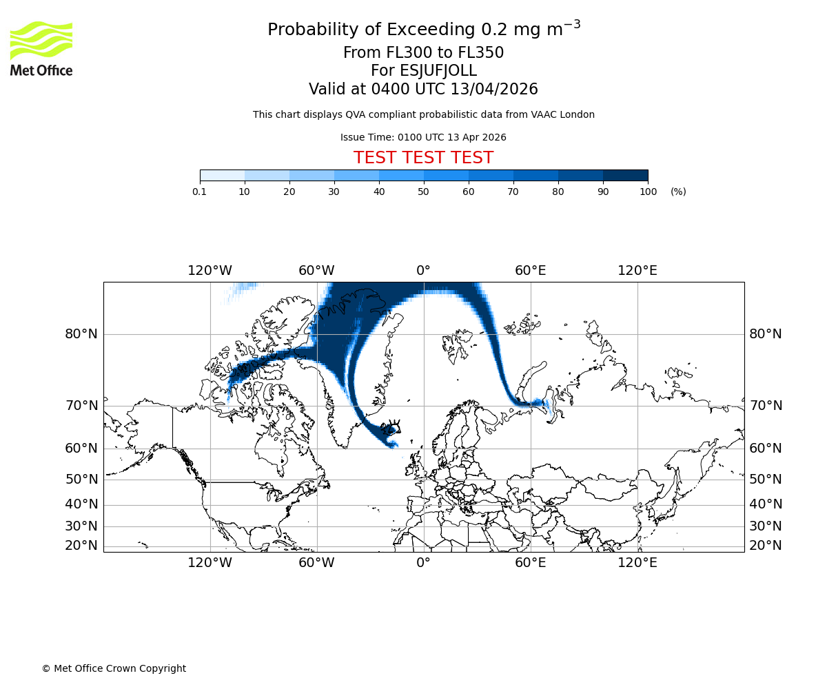 Probability of exceeding 0.2 milligrams per metre cubed. From 300 to 350 for ESJUFJOLL. Valid at 0400 UTC 13/04/2026