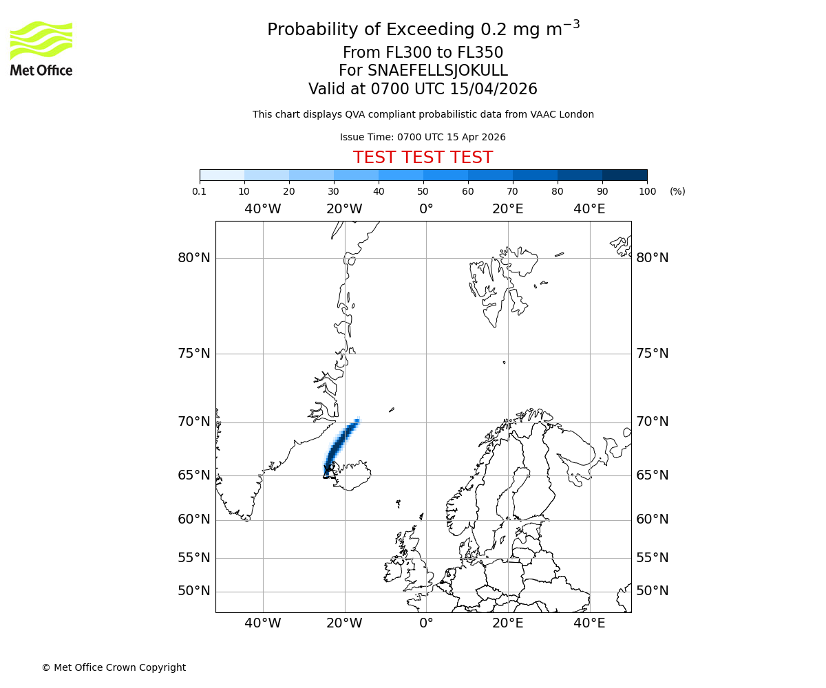 Probability of exceeding 0.2 milligrams per metre cubed. From 300 to 350 for SNAEFELLSJOKULL. Valid at 0700 UTC 15/04/2026