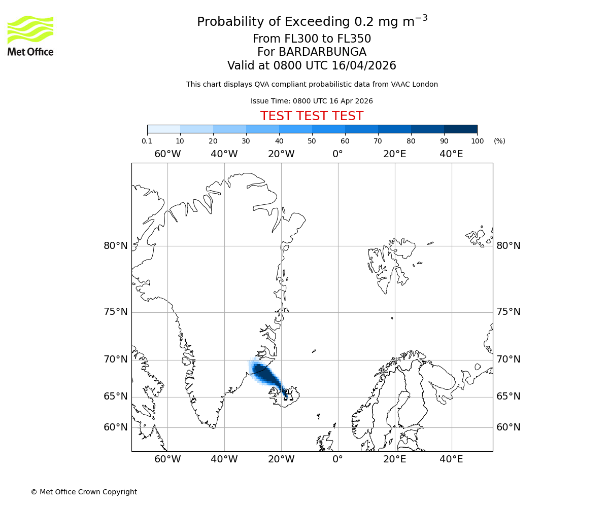 Probability of exceeding 0.2 milligrams per metre cubed. From 300 to 350 for BARDARBUNGA. Valid at 0800 UTC 16/04/2026