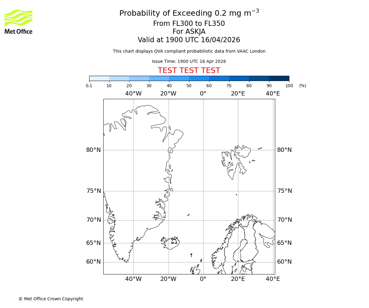 Probability of exceeding 0.2 milligrams per metre cubed. From 300 to 350 for ASKJA. Valid at 1900 UTC 16/04/2026