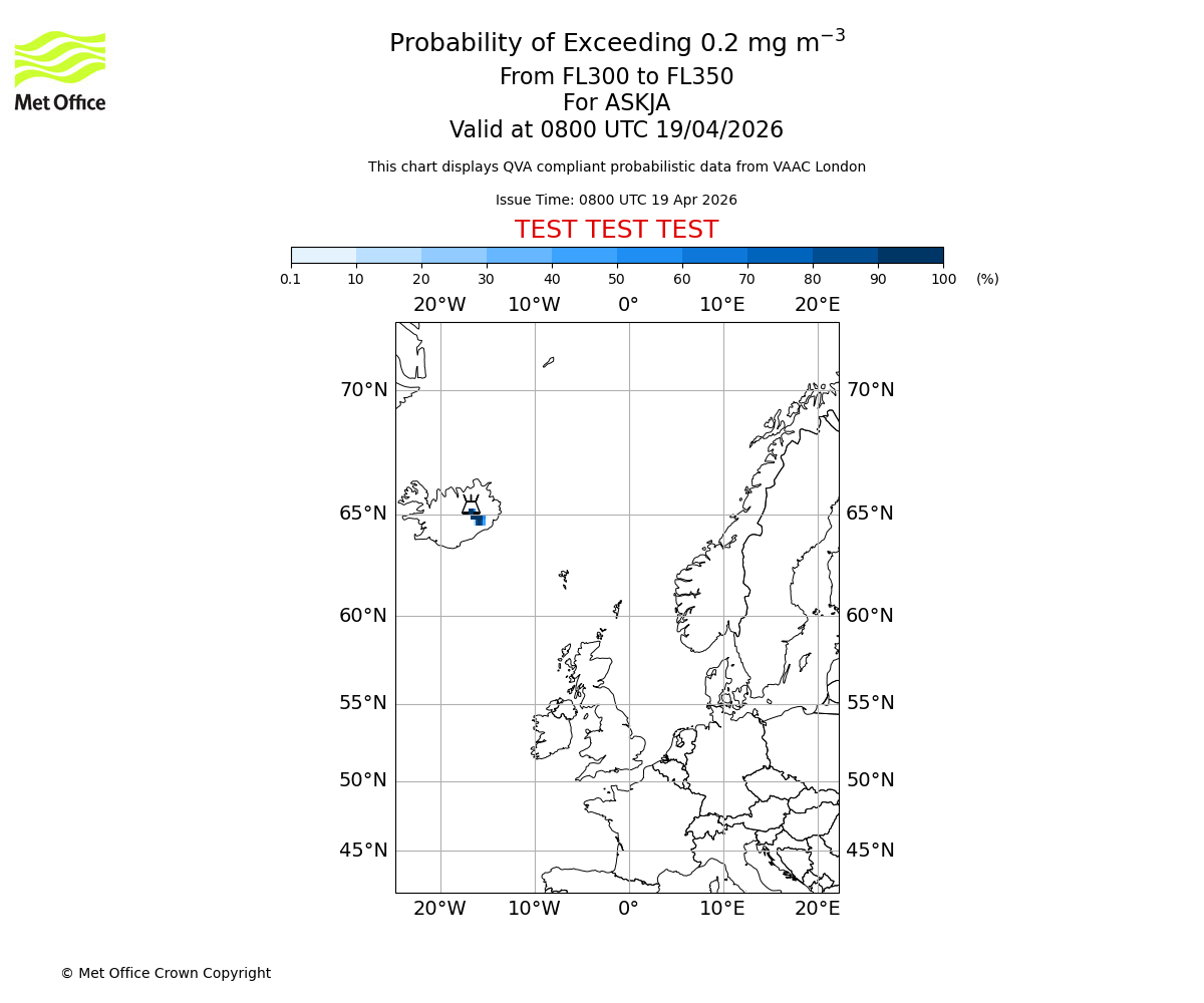 Probability of exceeding 0.2 milligrams per metre cubed. From 300 to 350 for ASKJA. Valid at 0800 UTC 19/04/2026