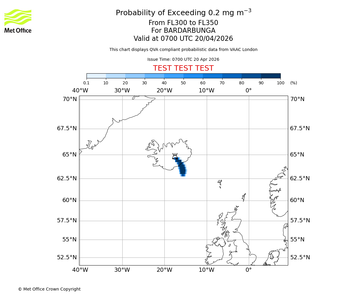 Probability of exceeding 0.2 milligrams per metre cubed. From 300 to 350 for BARDARBUNGA. Valid at 0700 UTC 20/04/2026
