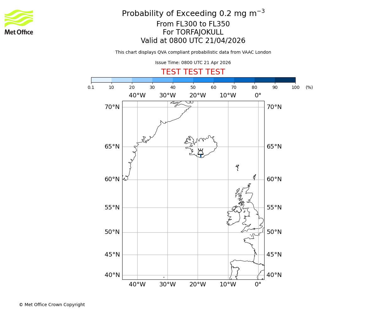 Probability of exceeding 0.2 milligrams per metre cubed. From 300 to 350 for TORFAJOKULL. Valid at 0800 UTC 21/04/2026