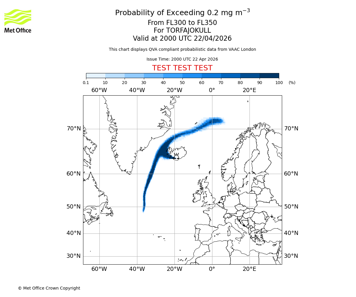Probability of exceeding 0.2 milligrams per metre cubed. From 300 to 350 for TORFAJOKULL. Valid at 2000 UTC 22/04/2026