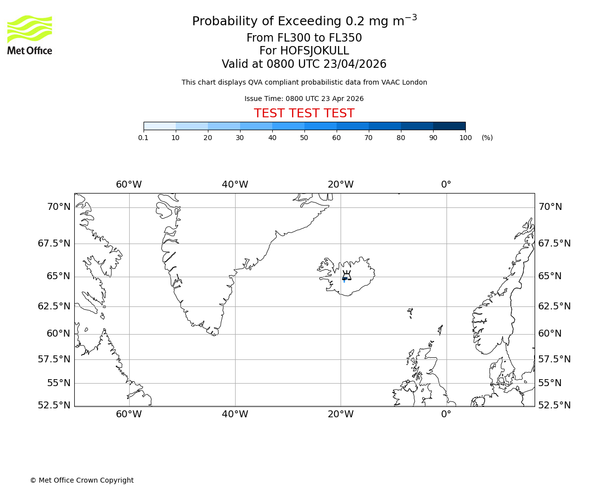 Probability of exceeding 0.2 milligrams per metre cubed. From 300 to 350 for HOFSJOKULL. Valid at 0800 UTC 23/04/2026