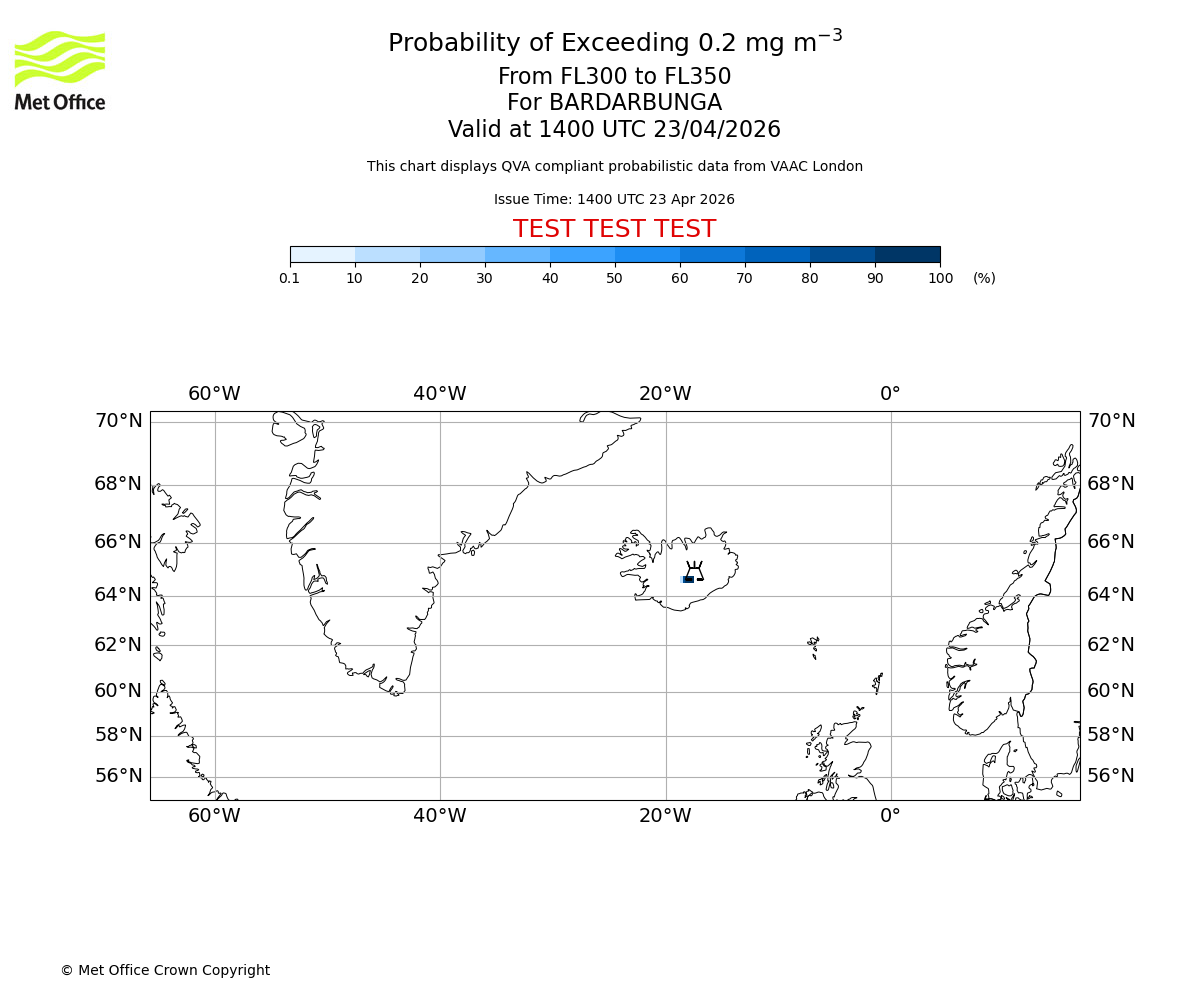 Probability of exceeding 0.2 milligrams per metre cubed. From 300 to 350 for BARDARBUNGA. Valid at 1400 UTC 23/04/2026