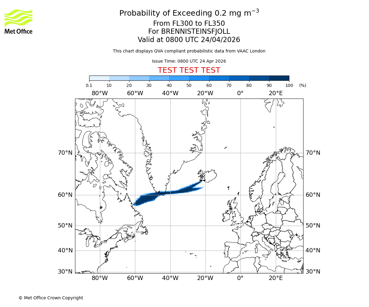 Probability of exceeding 0.2 milligrams per metre cubed. From 300 to 350 for BRENNISTEINSFJOLL. Valid at 0800 UTC 24/04/2026