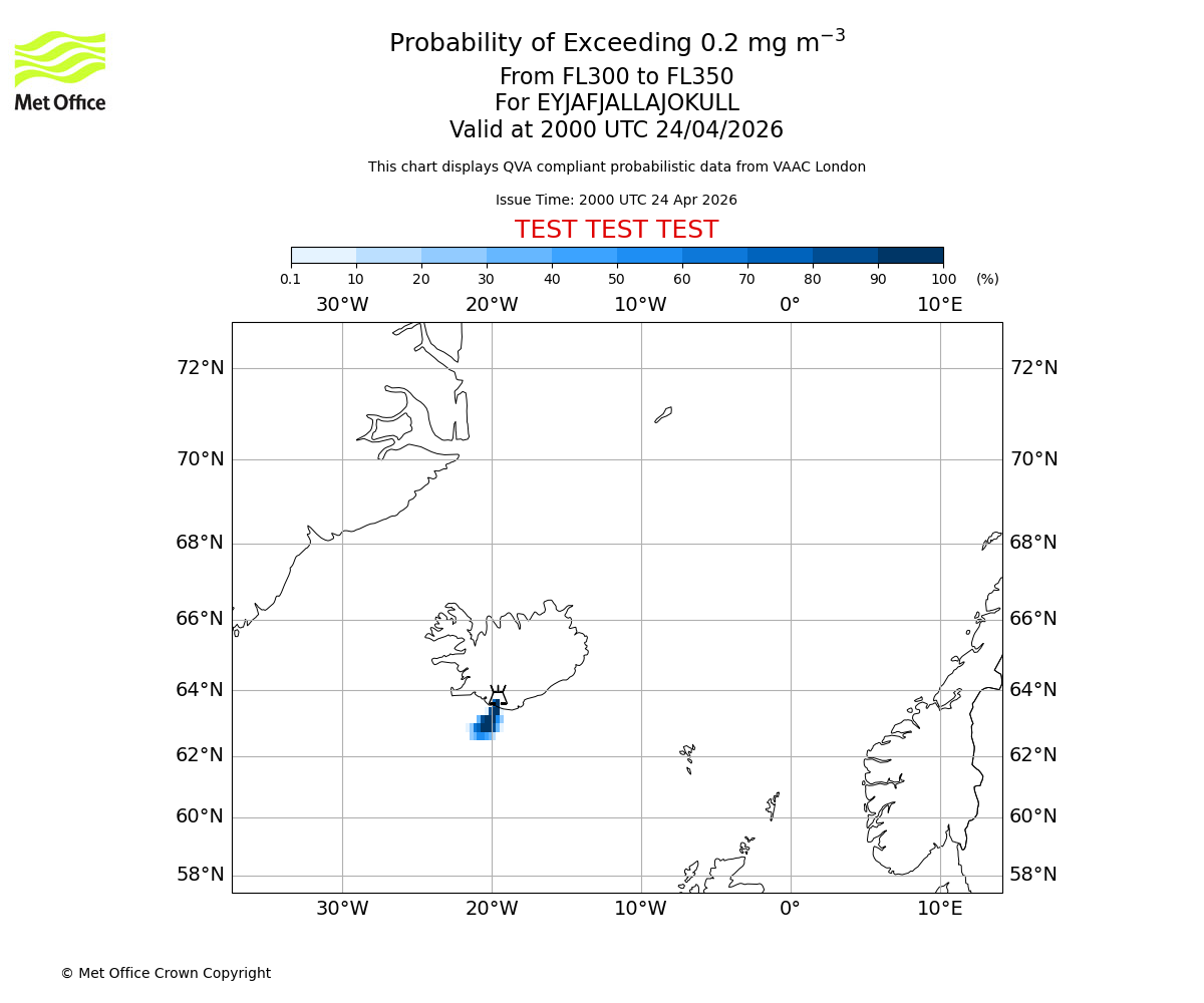 Probability of exceeding 0.2 milligrams per metre cubed. From 300 to 350 for EYJAFJALLAJOKULL. Valid at 2000 UTC 24/04/2026