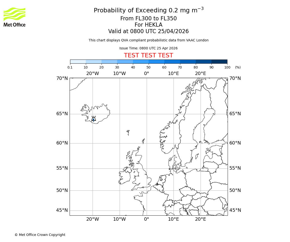 Probability of exceeding 0.2 milligrams per metre cubed. From 300 to 350 for HEKLA. Valid at 0800 UTC 25/04/2026