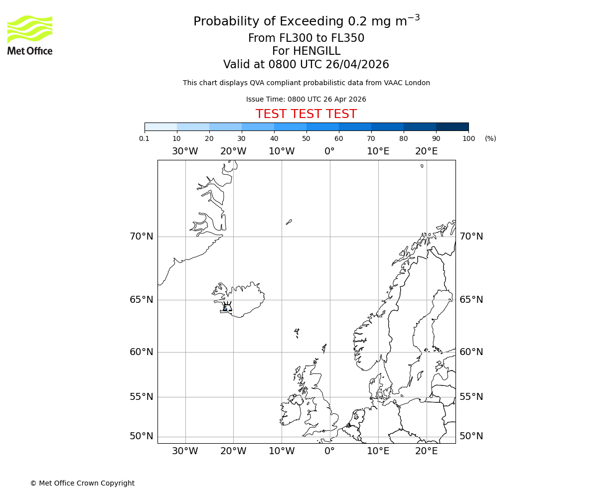 Probability of exceeding 0.2 milligrams per metre cubed. From 300 to 350 for HENGILL. Valid at 0800 UTC 26/04/2026