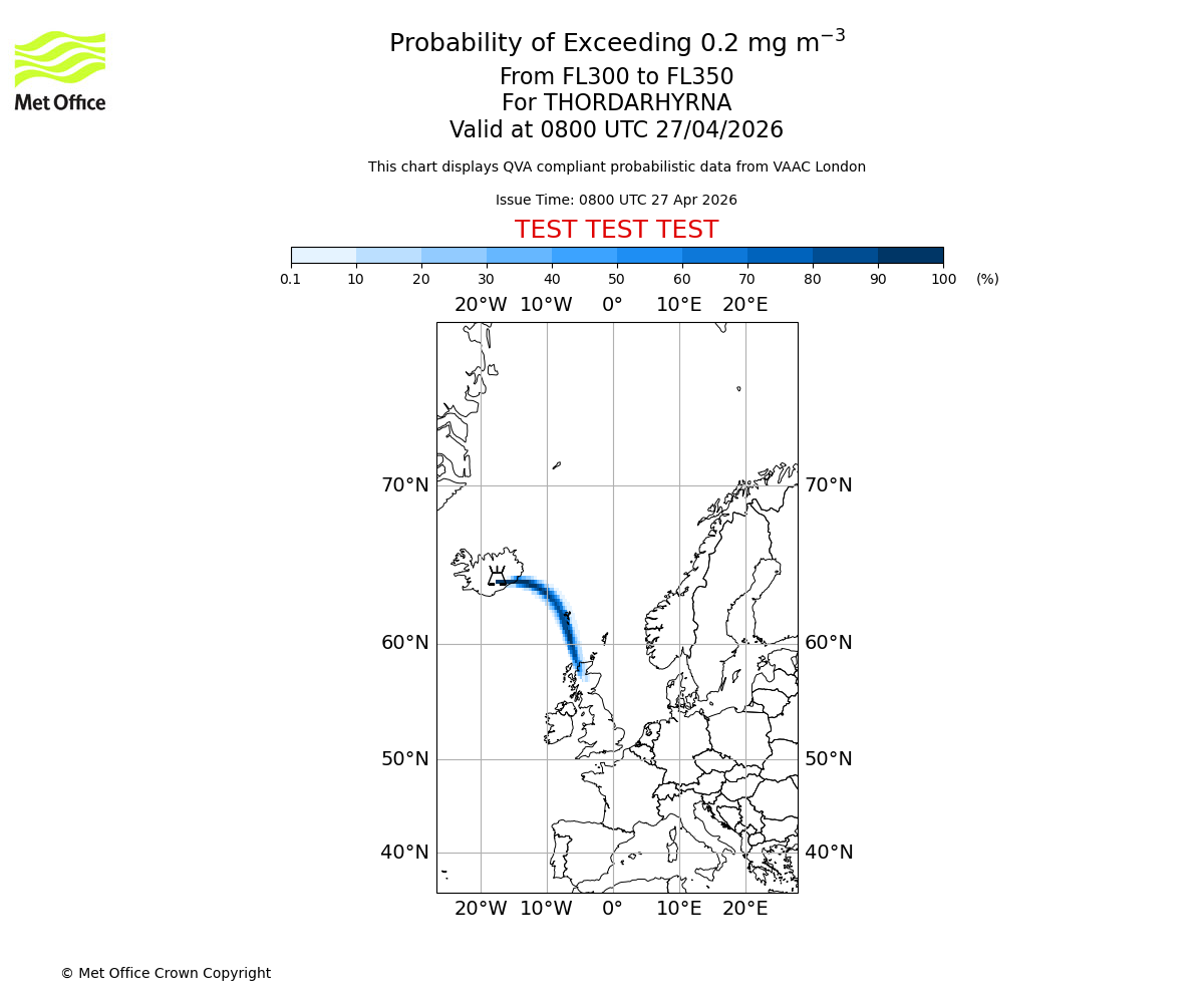 Probability of exceeding 0.2 milligrams per metre cubed. From 300 to 350 for THORDARHYRNA. Valid at 0800 UTC 27/04/2026