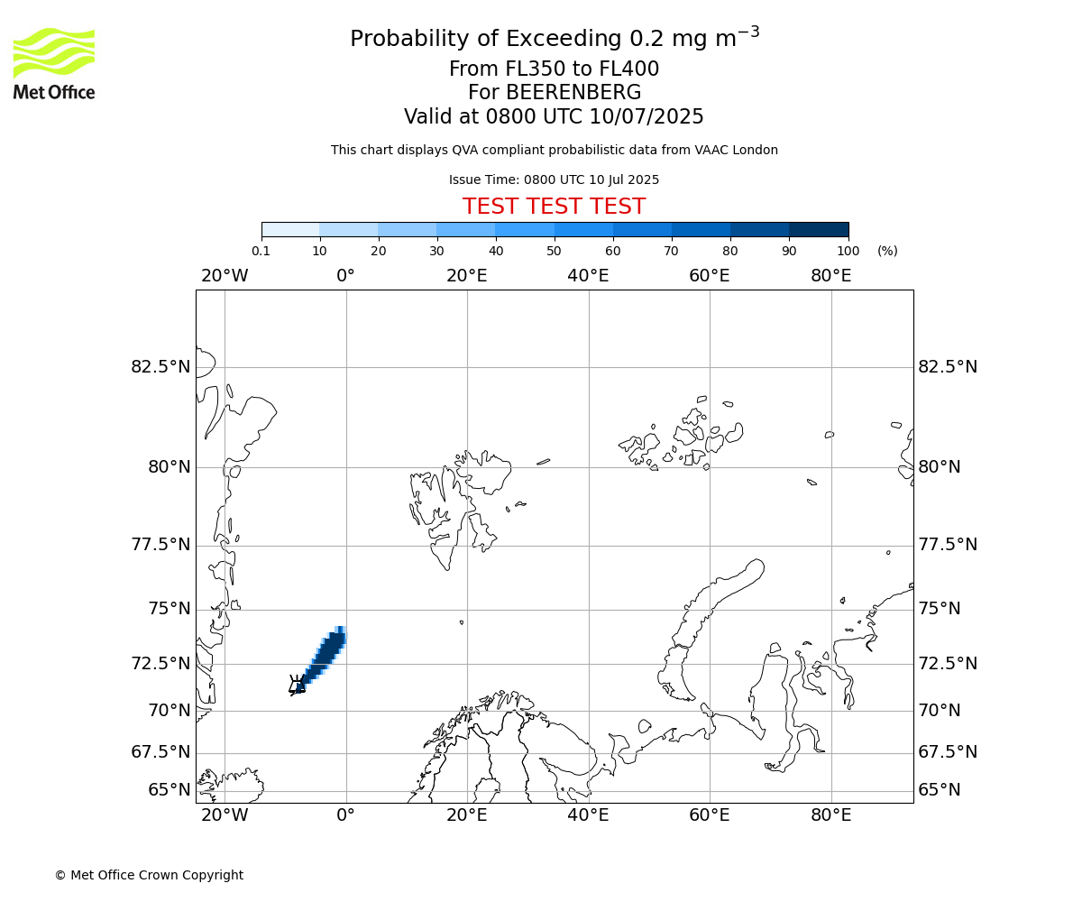 Probability of exceeding 0.2 milligrams per metre cubed. From 350 to 400 for BEERENBERG. Valid at 0800 UTC 10/07/2025