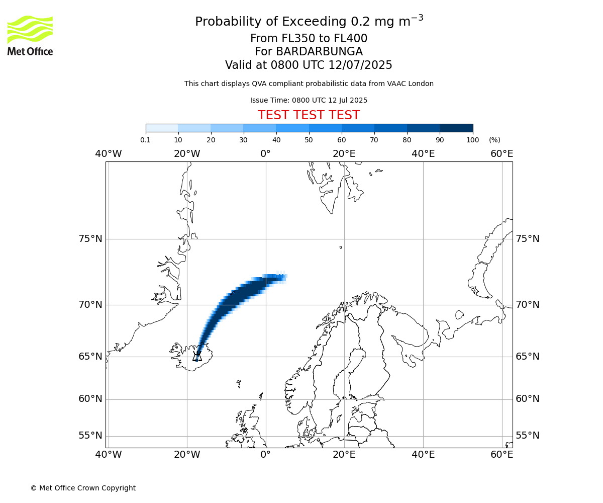 Probability of exceeding 0.2 milligrams per metre cubed. From 350 to 400 for BARDARBUNGA. Valid at 0800 UTC 12/07/2025