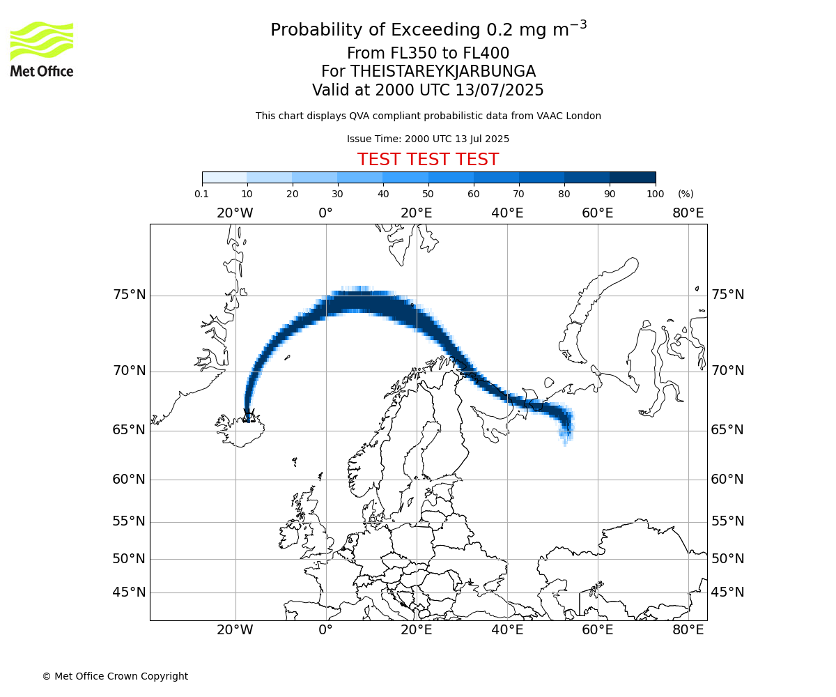 Probability of exceeding 0.2 milligrams per metre cubed. From 350 to 400 for THEISTAREYKJARBUNGA. Valid at 2000 UTC 13/07/2025
