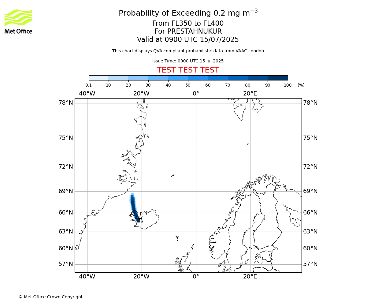 Probability of exceeding 0.2 milligrams per metre cubed. From 350 to 400 for PRESTAHNUKUR. Valid at 0900 UTC 15/07/2025