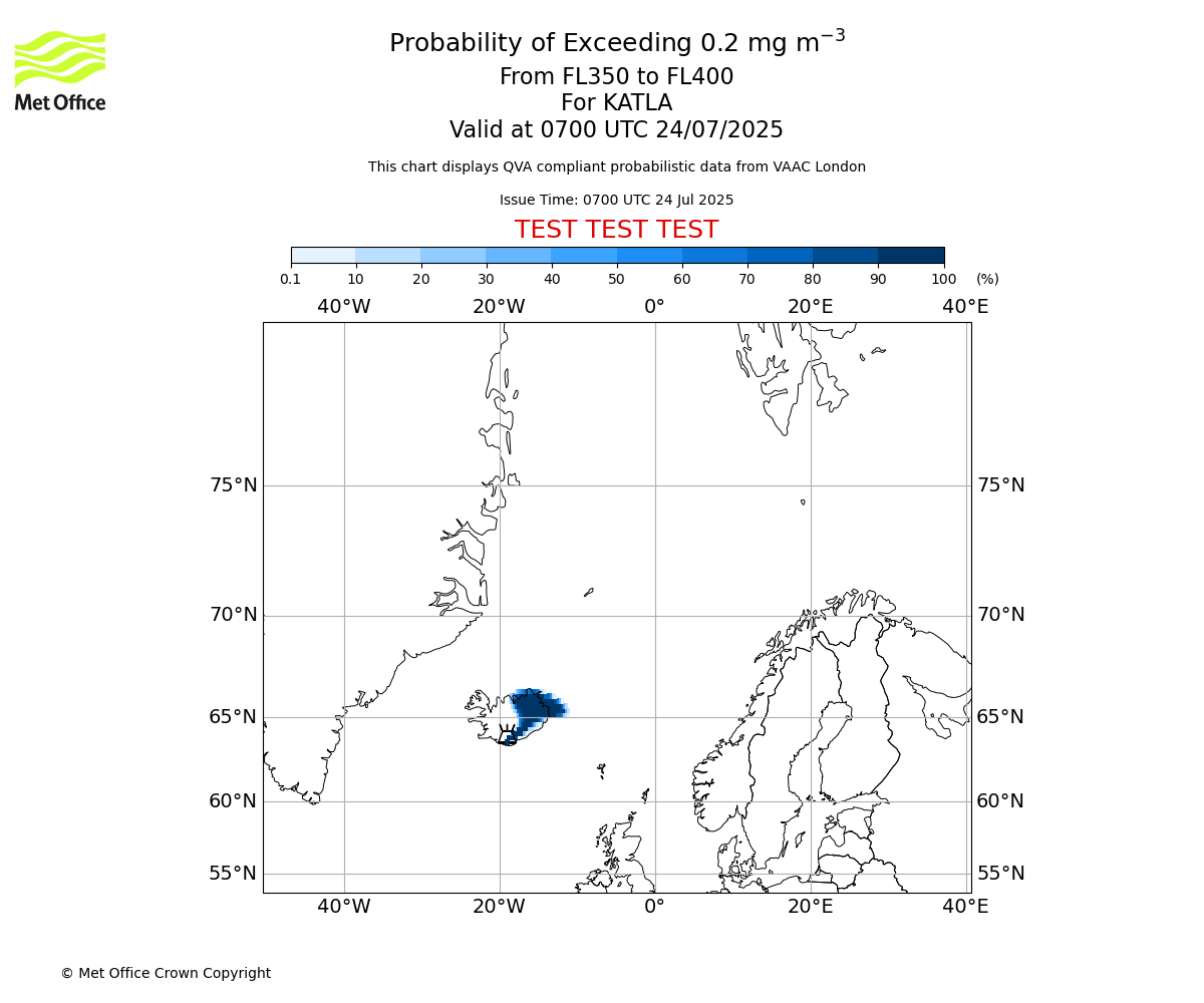 Probability of exceeding 0.2 milligrams per metre cubed. From 350 to 400 for KATLA. Valid at 0700 UTC 24/07/2025