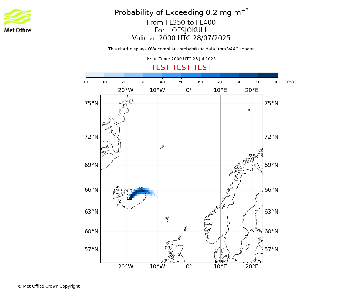 Probability of exceeding 0.2 milligrams per metre cubed. From 350 to 400 for HOFSJOKULL. Valid at 2000 UTC 28/07/2025