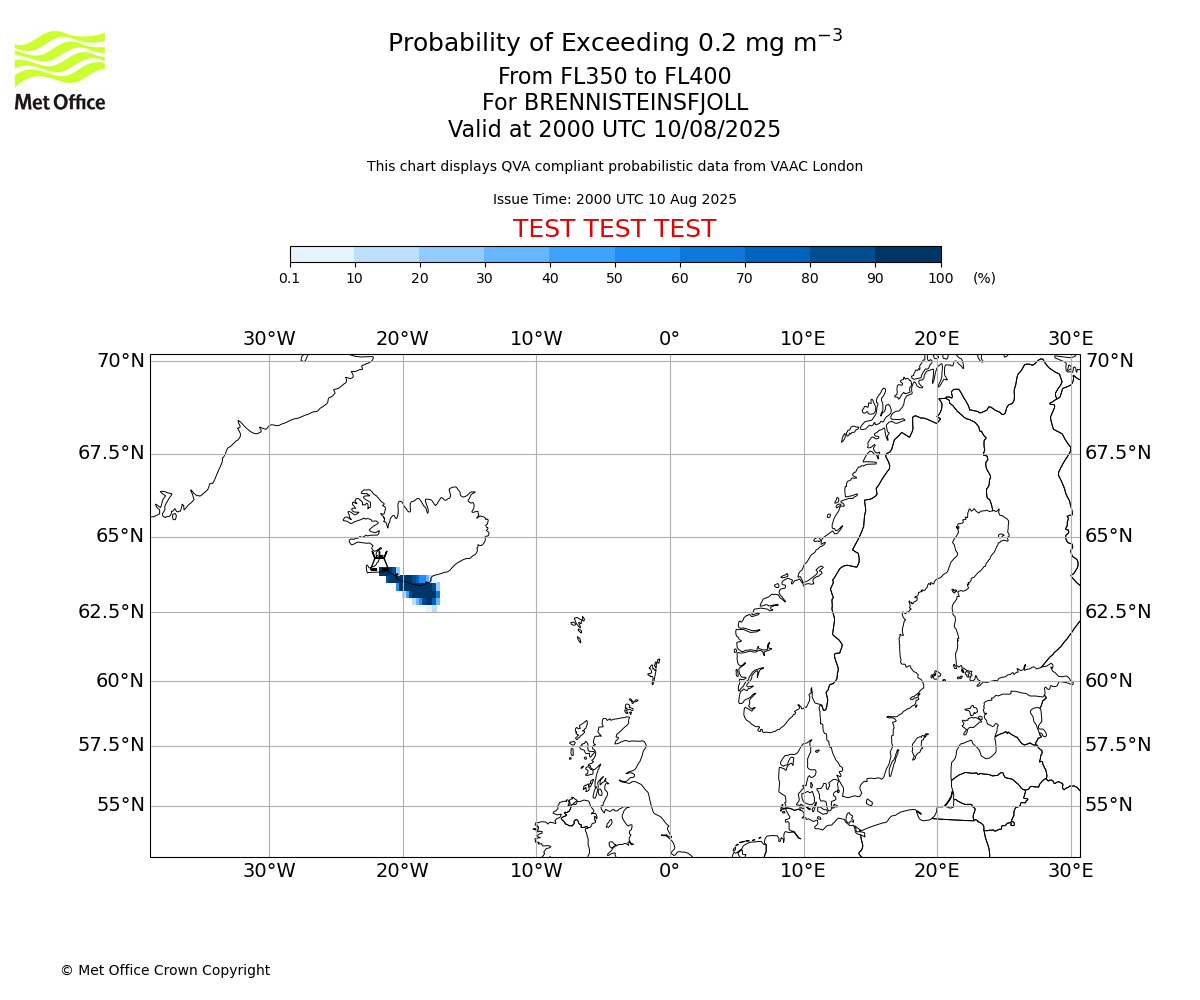 Probability of exceeding 0.2 milligrams per metre cubed. From 350 to 400 for BRENNISTEINSFJOLL. Valid at 2000 UTC 10/08/2025