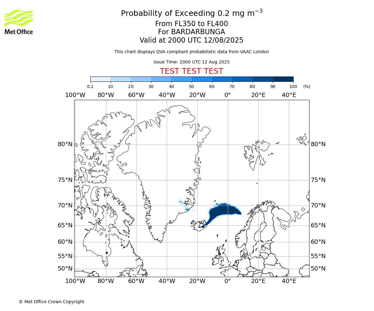 Probability of exceeding 0.2 milligrams per metre cubed. From 350 to 400 for BARDARBUNGA. Valid at 2000 UTC 12/08/2025
