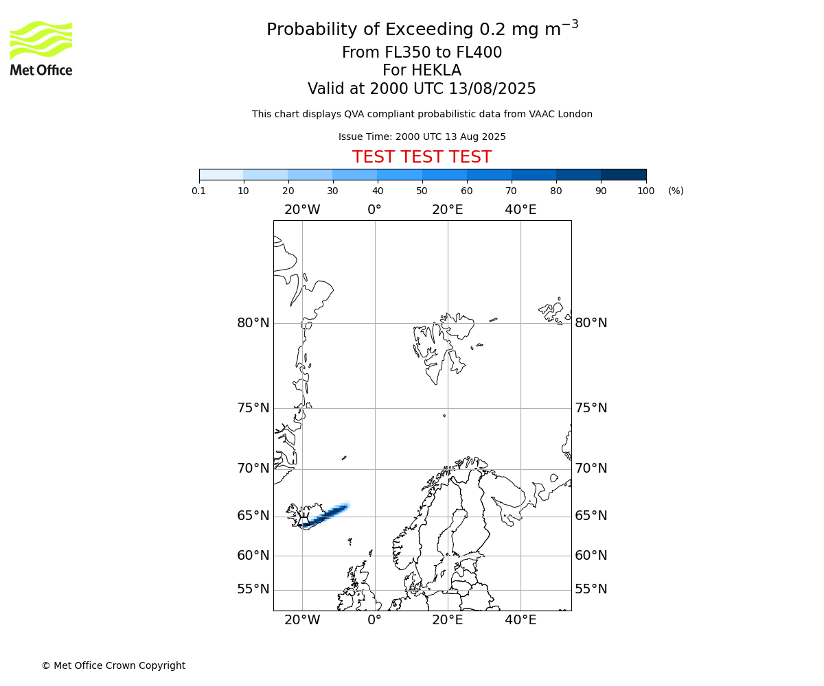 Probability of exceeding 0.2 milligrams per metre cubed. From 350 to 400 for HEKLA. Valid at 2000 UTC 13/08/2025
