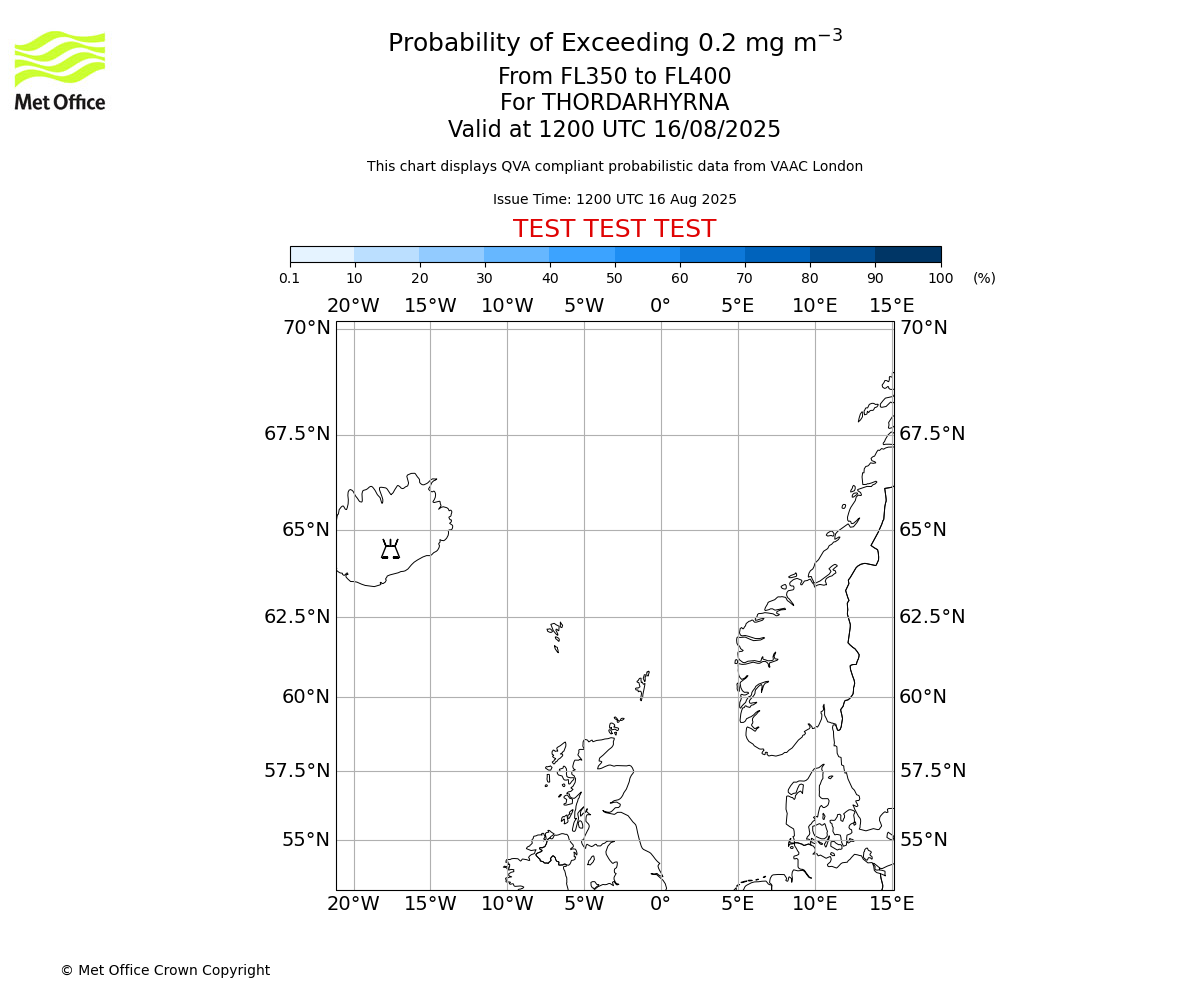 Probability of exceeding 0.2 milligrams per metre cubed. From 350 to 400 for THORDARHYRNA. Valid at 1200 UTC 16/08/2025