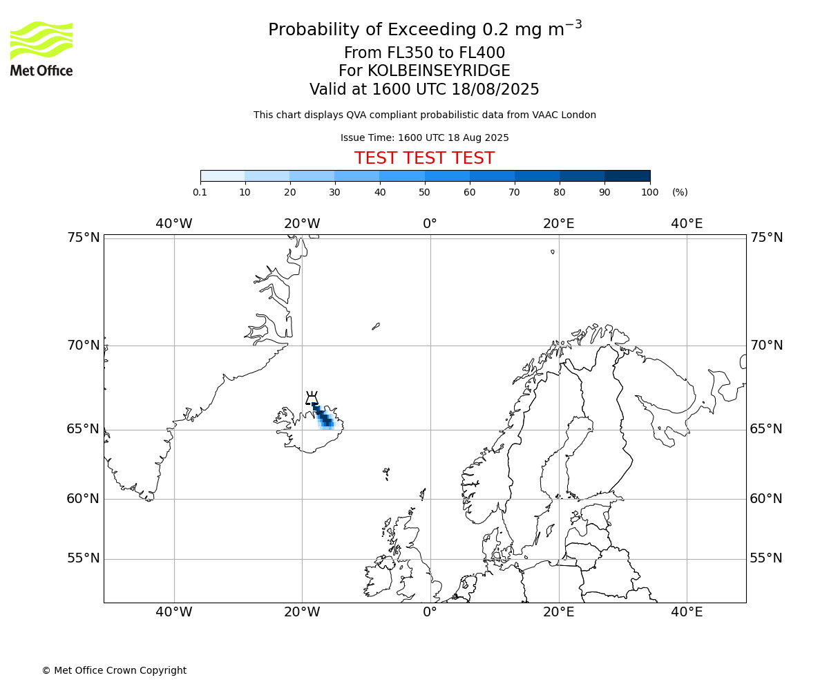 Probability of exceeding 0.2 milligrams per metre cubed. From 350 to 400 for KOLBEINSEYRIDGE. Valid at 1600 UTC 18/08/2025