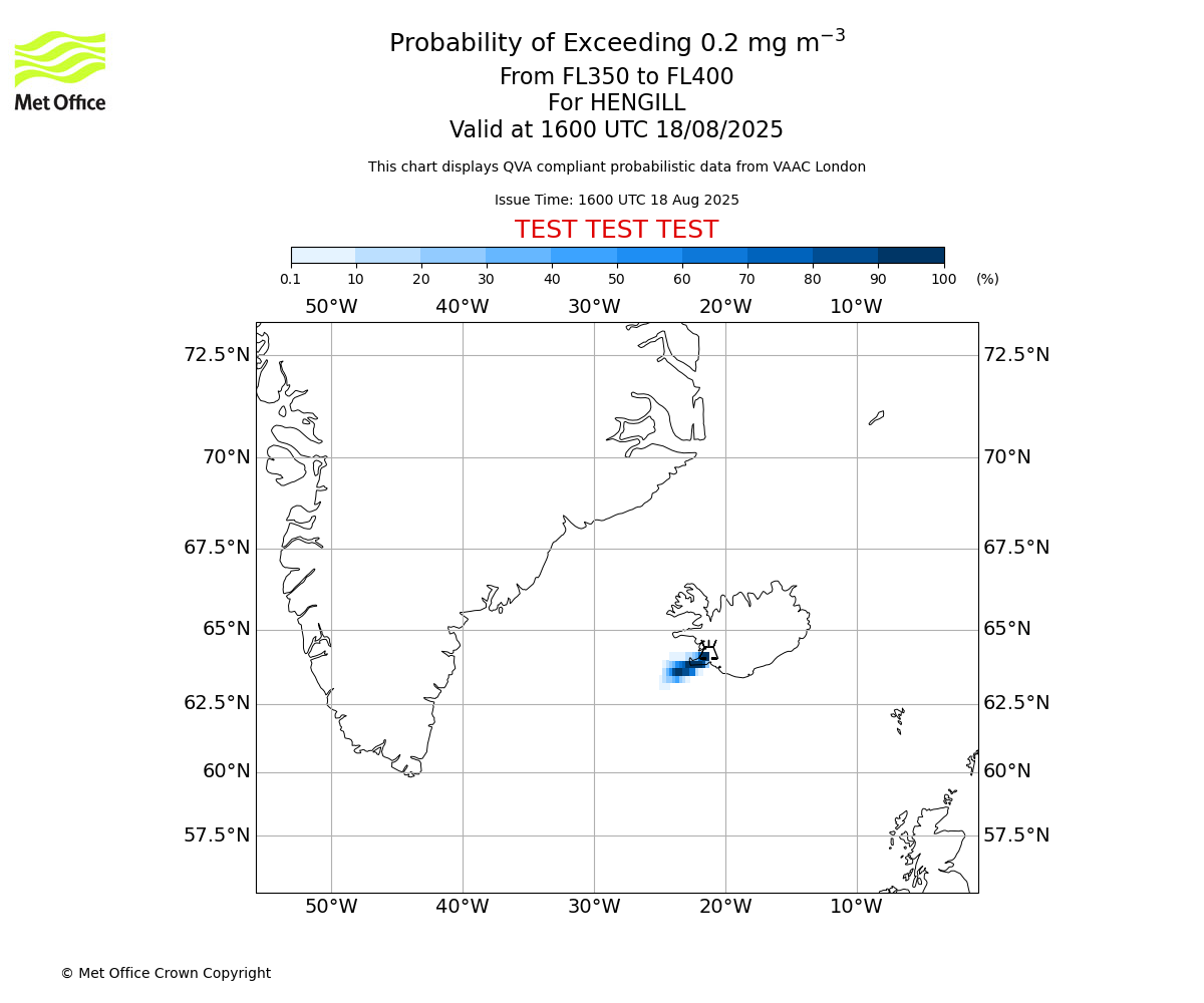 Probability of exceeding 0.2 milligrams per metre cubed. From 350 to 400 for HENGILL. Valid at 1600 UTC 18/08/2025