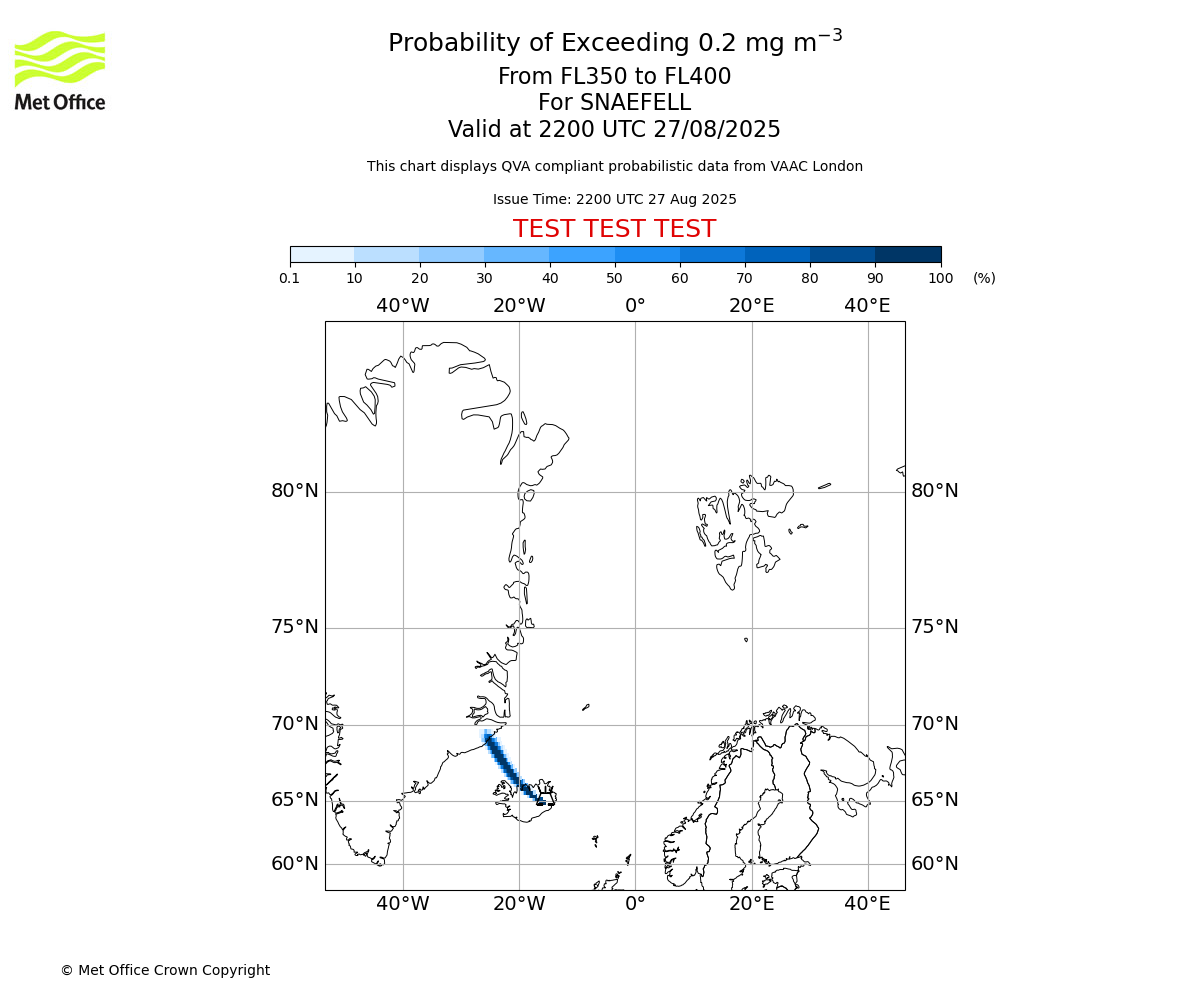 Probability of exceeding 0.2 milligrams per metre cubed. From 350 to 400 for SNAEFELL. Valid at 2200 UTC 27/08/2025