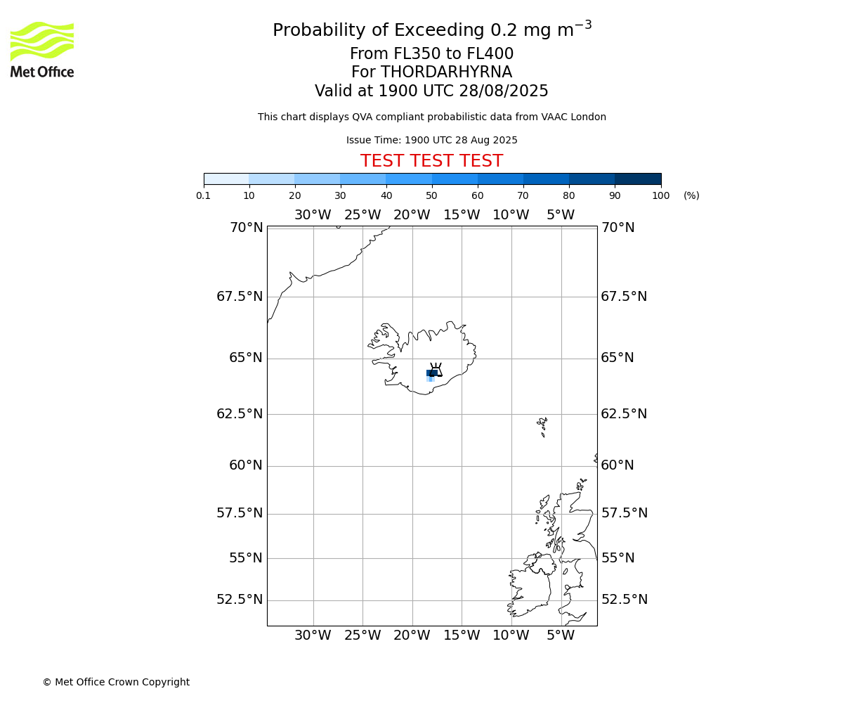 Probability of exceeding 0.2 milligrams per metre cubed. From 350 to 400 for THORDARHYRNA. Valid at 1900 UTC 28/08/2025