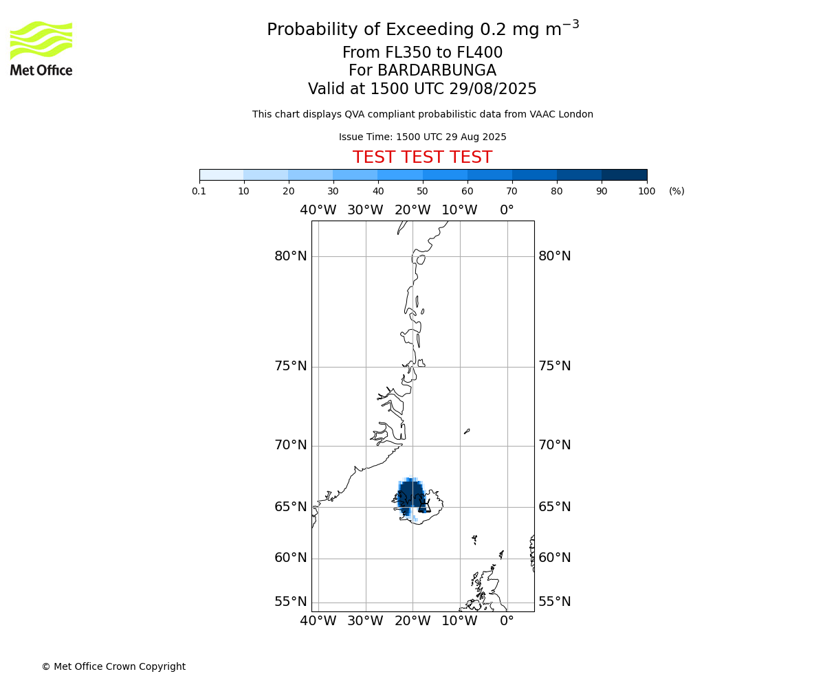 Probability of exceeding 0.2 milligrams per metre cubed. From 350 to 400 for BARDARBUNGA. Valid at 1500 UTC 29/08/2025