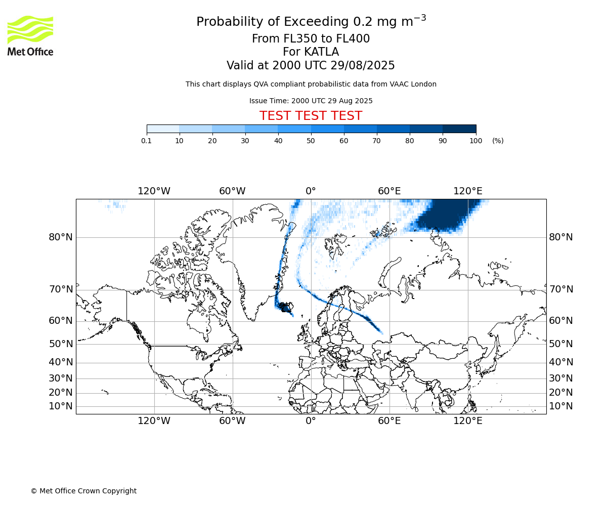 Probability of exceeding 0.2 milligrams per metre cubed. From 350 to 400 for KATLA. Valid at 2000 UTC 29/08/2025